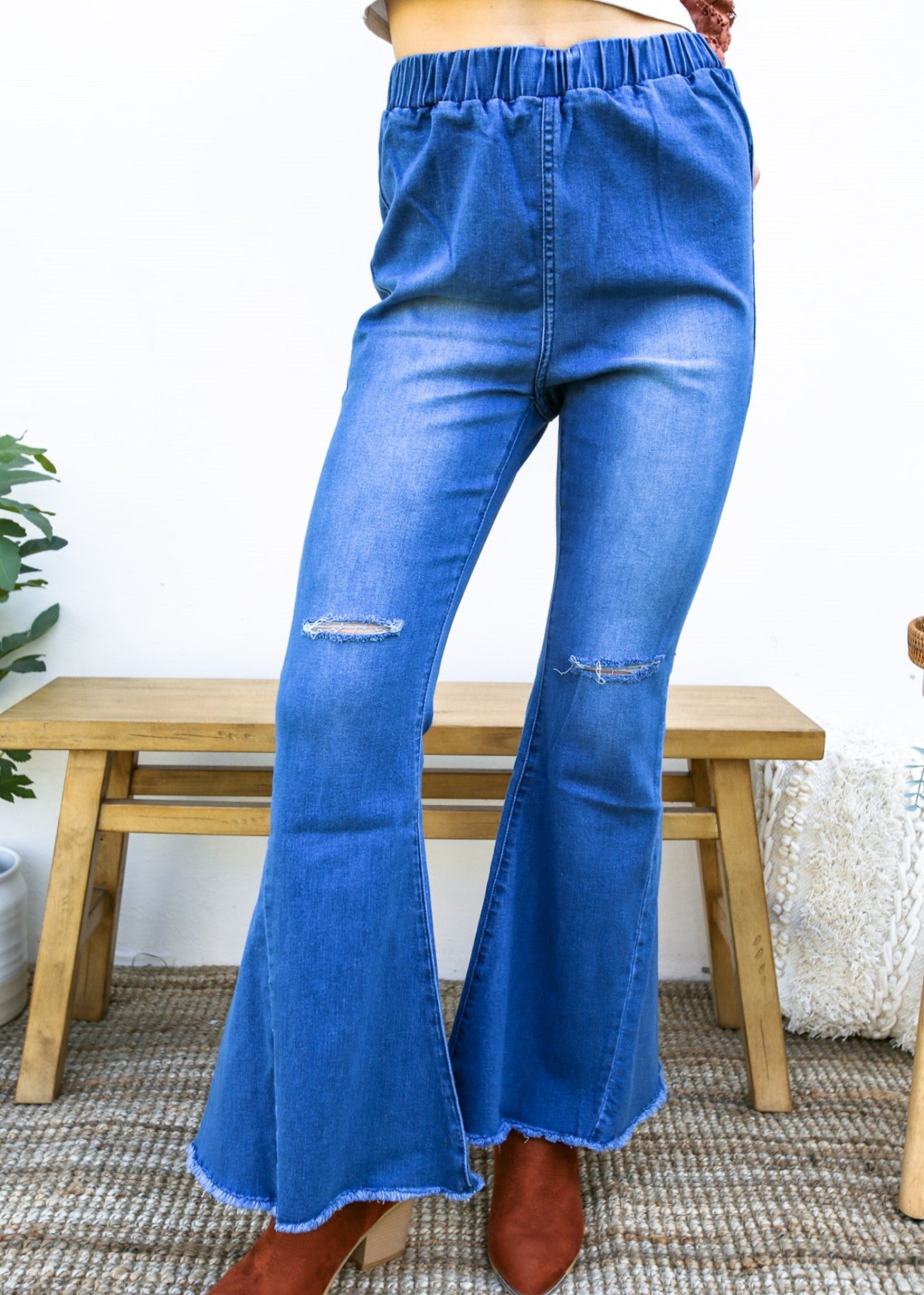 Women's Distressed Flare Bell Bottom Denim Jeans With Elastic Waist –  Anna-Kaci