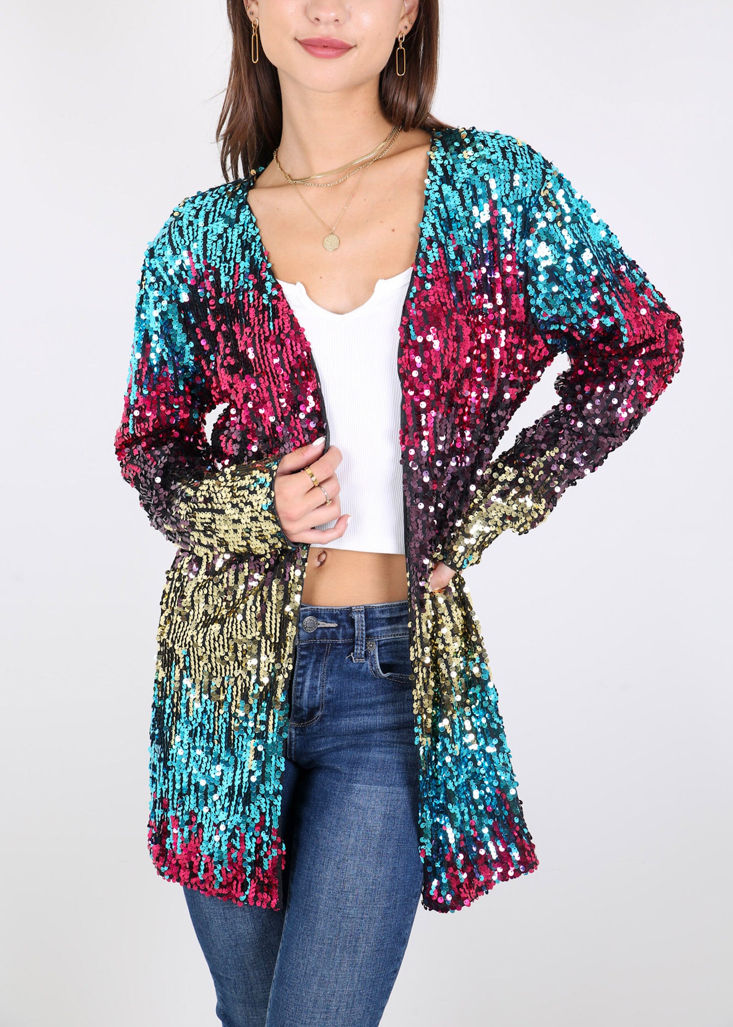 Anna-Kaci Plus Size Sequin Bomber Jacket - Black - XXL