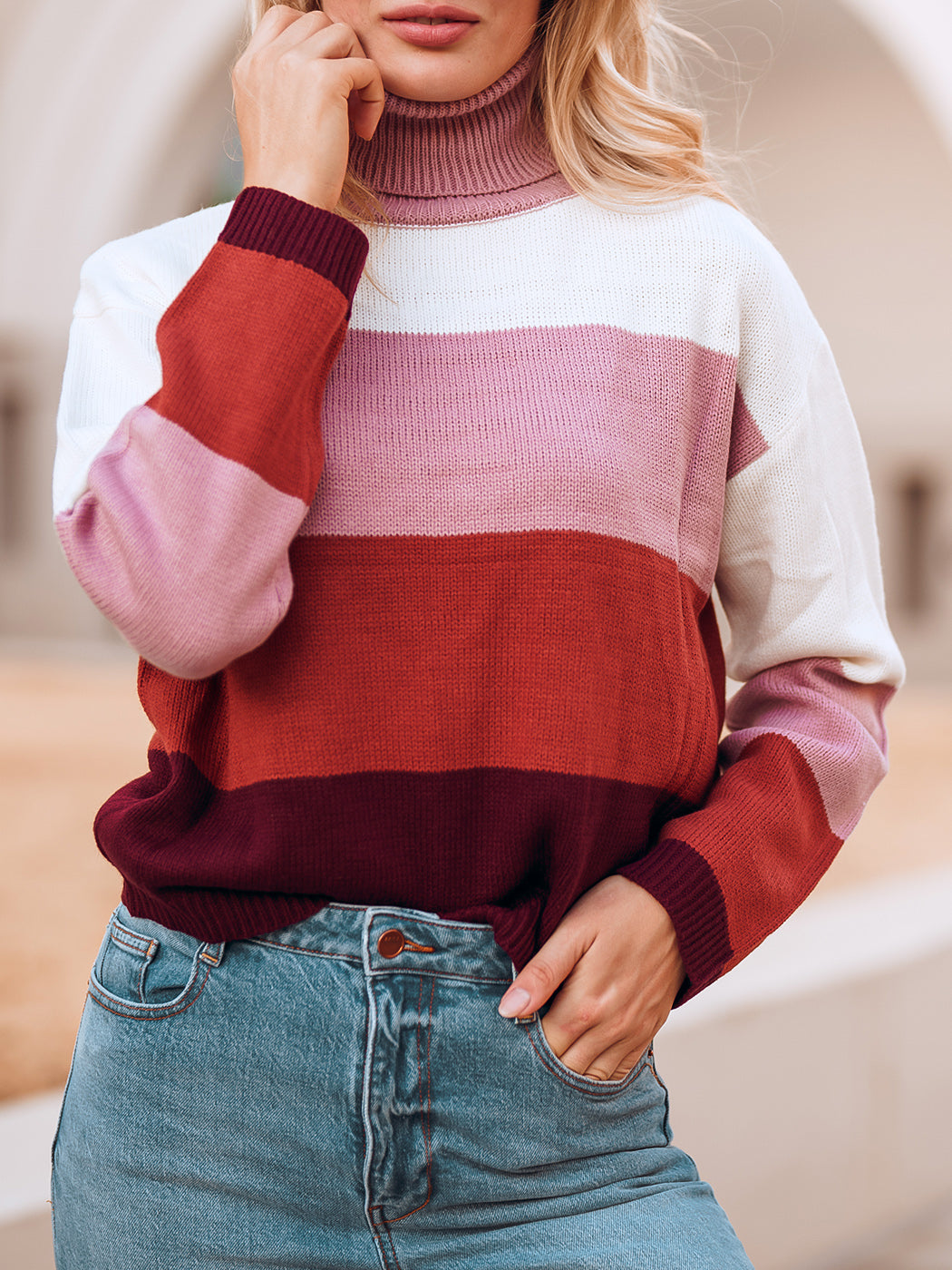 Black And Red Color Block Turtleneck Sweater