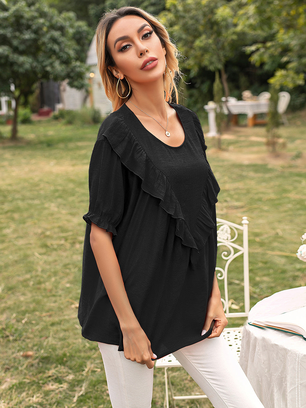 Ruffle V-Drop Tunic Blouse Round Neck Half Sleeves Top for Women – Anna-Kaci