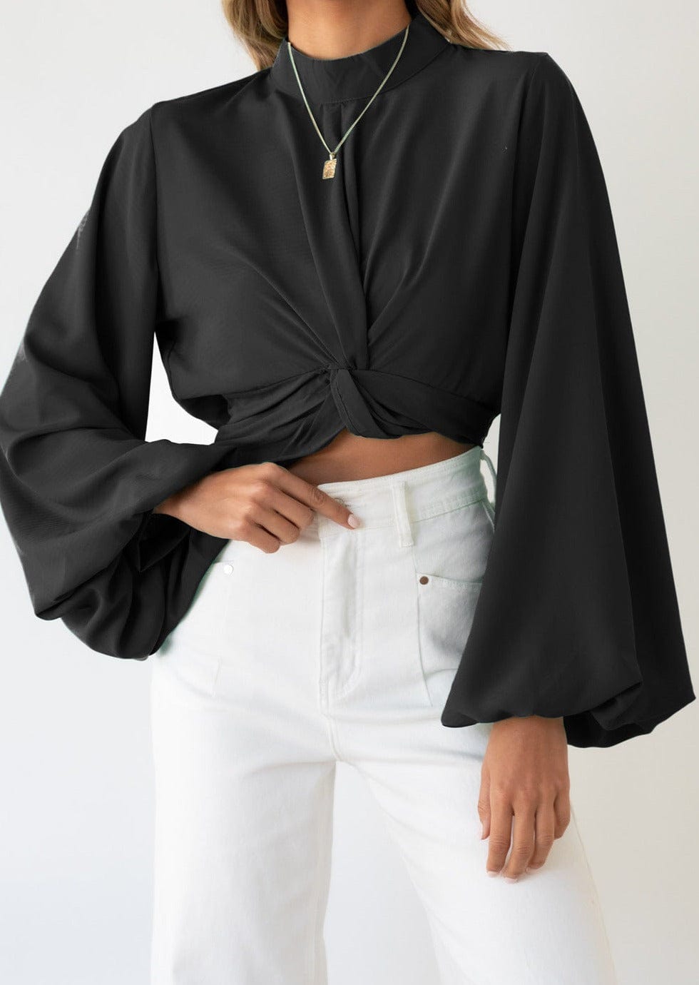 High Neck Twist Front Bishop Sleeve Cropped Blouse for Women – Anna-Kaci