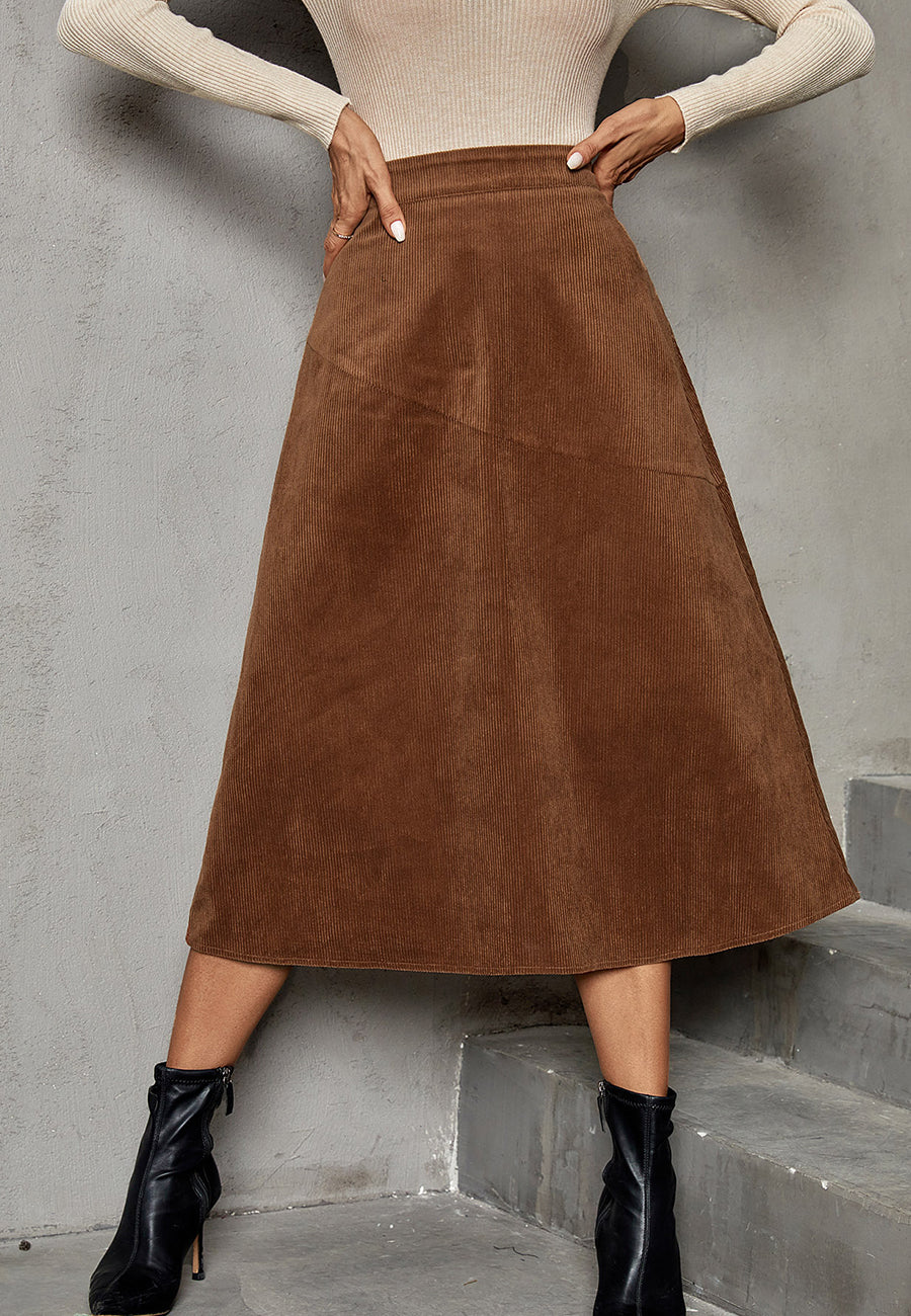 Solid Button Front Corduroy Skirt, Vintage High Waist Flared Mini Skirt,  Women's Clothing