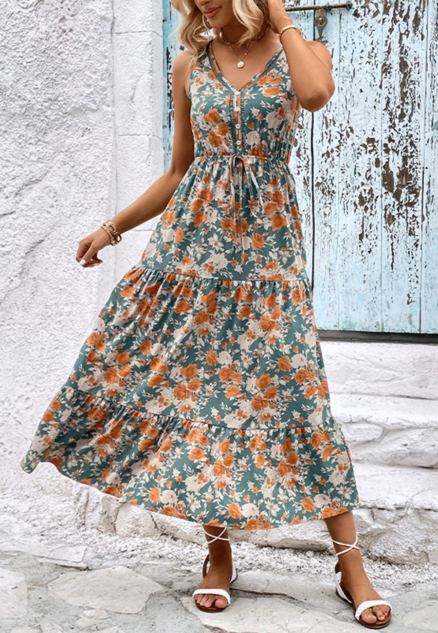 Vintage Floral Tiered Maxi Dress for Women Above Ankle Length