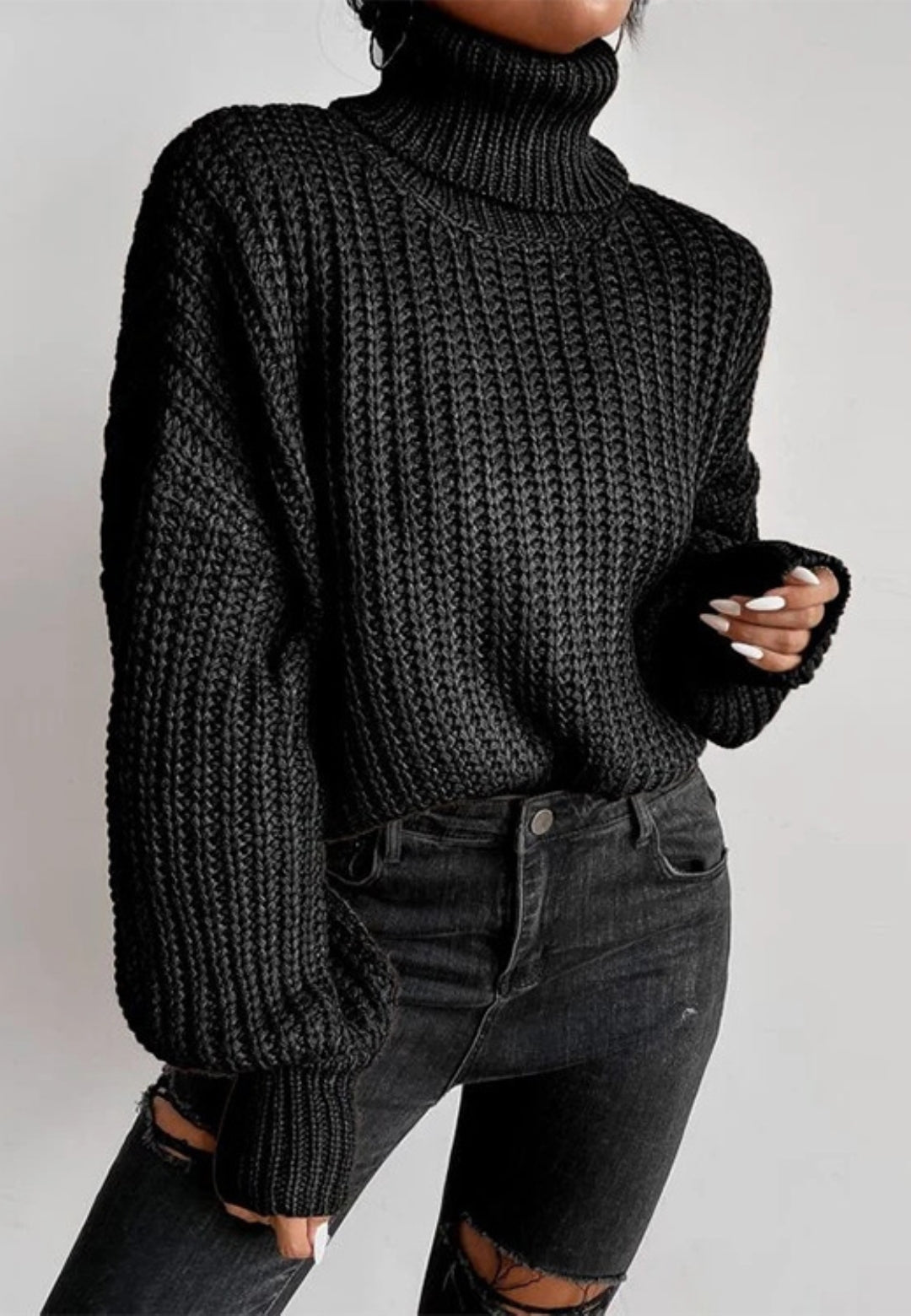 Turtle Neck Baggy Long Sleeves Solid Color Knitted Sweater for