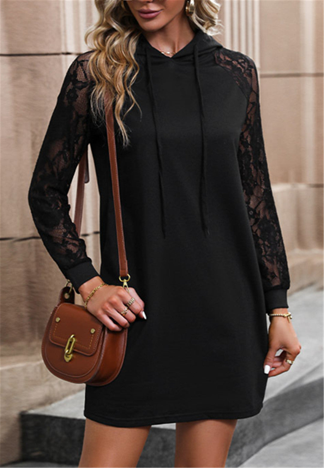 Sheer Lace Long Sleeve Hoodie Dress for Women Above Knee Length