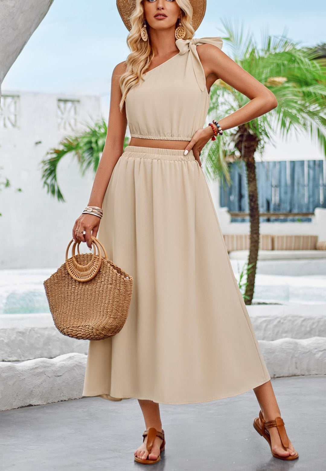 One Shoulder Bow Detail Crop Top and Skirt Coordinates for Women