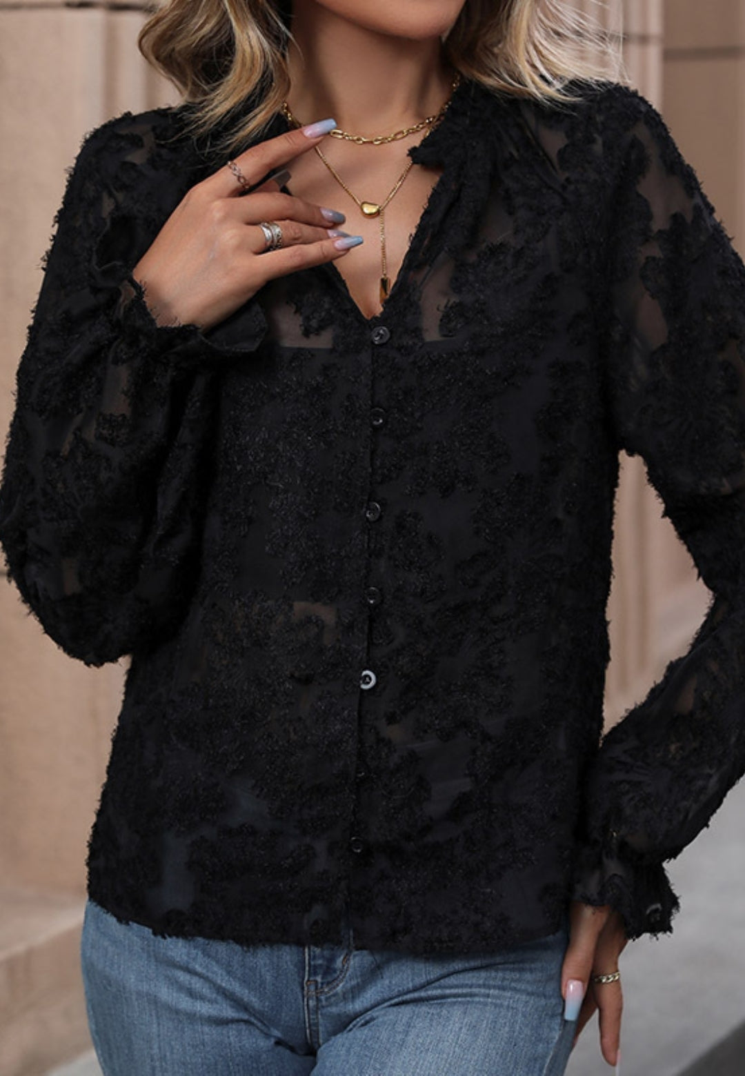 Black Collared Top - Sheer Lace Top - Long Sleeve Button-Up Top