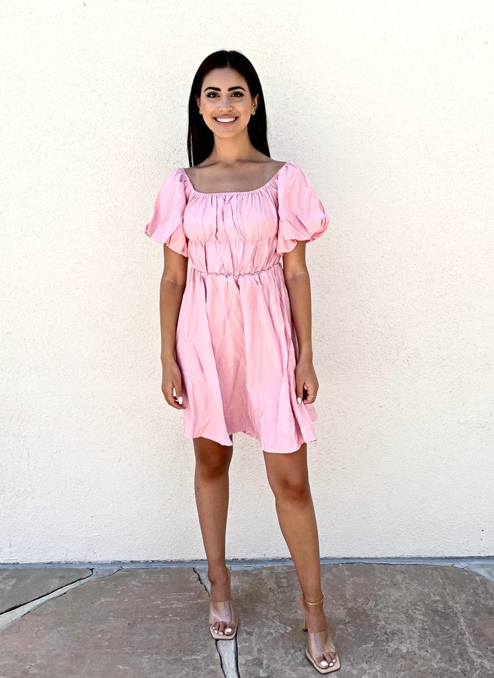 Solid Off Shoulder Puff Sleeve Ruched Dress Above Knee Length