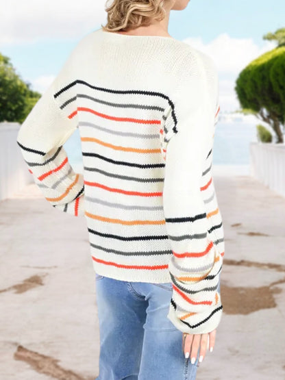 Anna-Kaci Women's Oversized Striped Knit Sweater with Drop Shoulder and Round Neckline