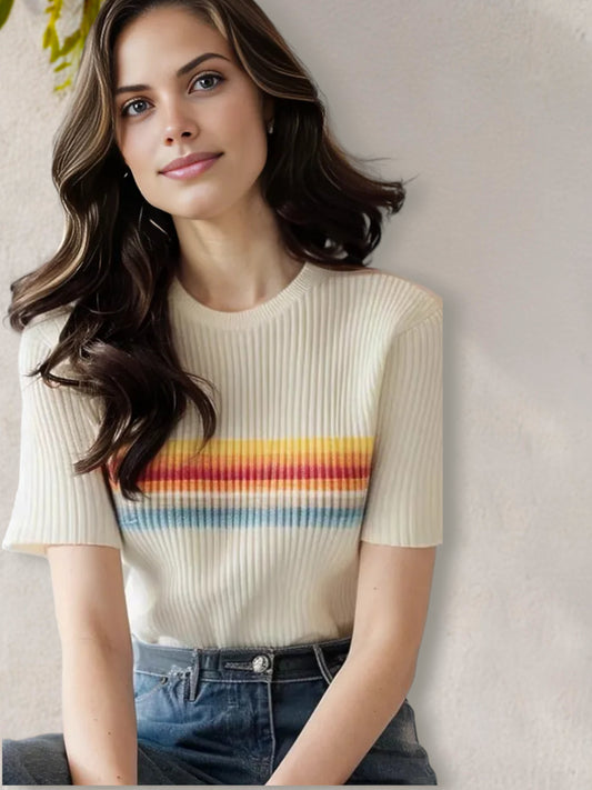 Anna-Kaci Women's Short Sleeve Ribbed Knit Sweater with Vintage Rainbow Stripes