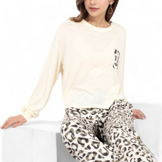 Anna-Kaci Women's Long Sleeve Pajama Set with Leopard Print Drawstring Pants and Chest Pocket