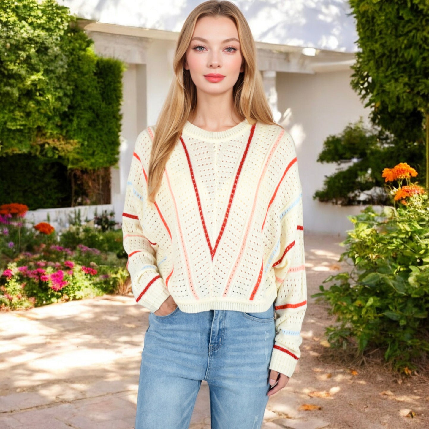 Striped Knit Sweater with Chevron Detail and Crew Neck