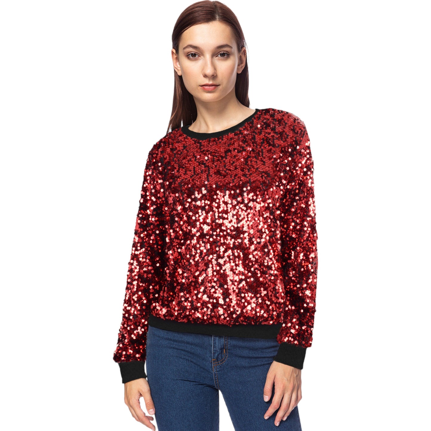 Sequin Sweatshirt Round Neck Long Sleeve Ribbed Cuffs Pullover