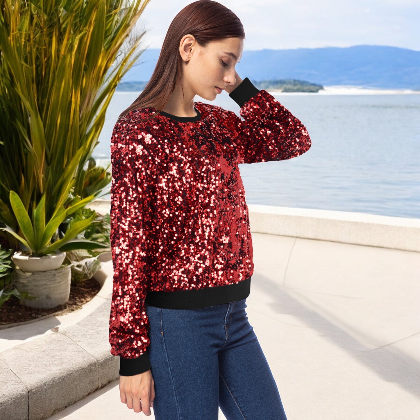 Sequin Sweatshirt Round Neck Long Sleeve Ribbed Cuffs Pullover