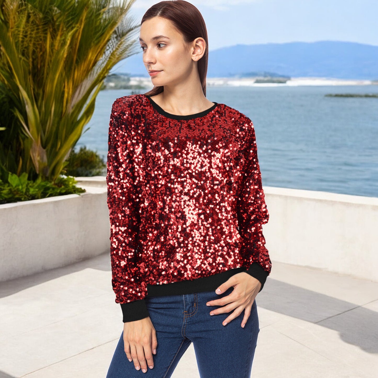 Sequin Sweatshirt Round Neck Long Sleeve Ribbed Cuffs Pullover