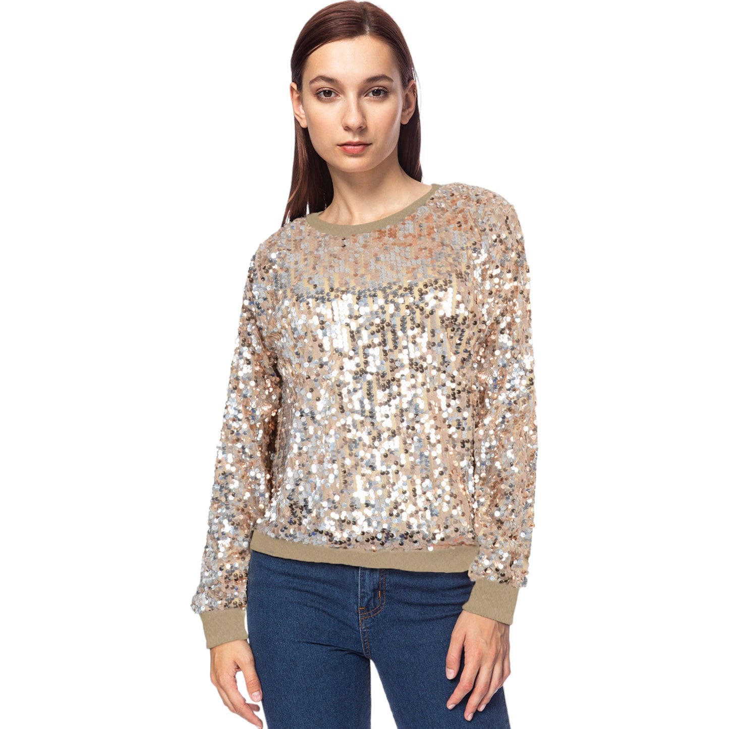 Sequin Sweatshirt Round Neck Long Sleeve Ribbed Cuffs Pullover