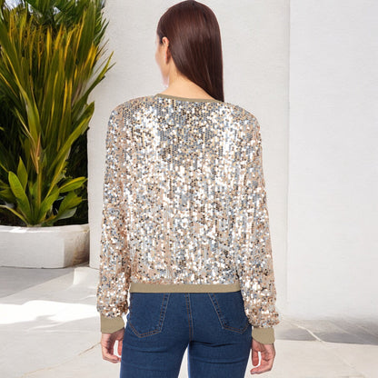 Sequin Sweatshirt Round Neck Long Sleeve Ribbed Cuffs Pullover