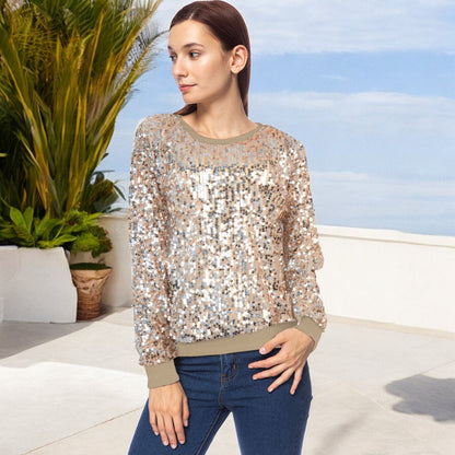 Sequin Sweatshirt Round Neck Long Sleeve Ribbed Cuffs Pullover