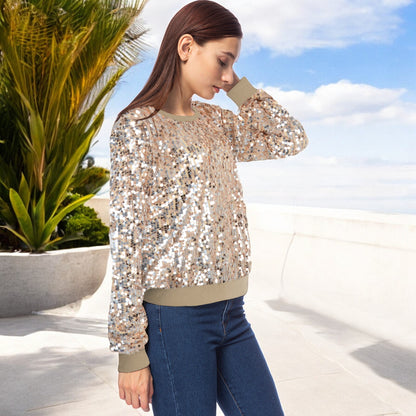 Sequin Sweatshirt Round Neck Long Sleeve Ribbed Cuffs Pullover