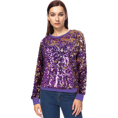 Sequin Sweatshirt Round Neck Long Sleeve Ribbed Cuffs Pullover