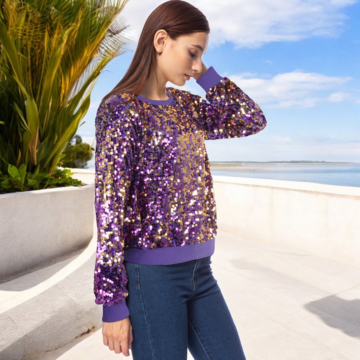 Sequin Sweatshirt Round Neck Long Sleeve Ribbed Cuffs Pullover