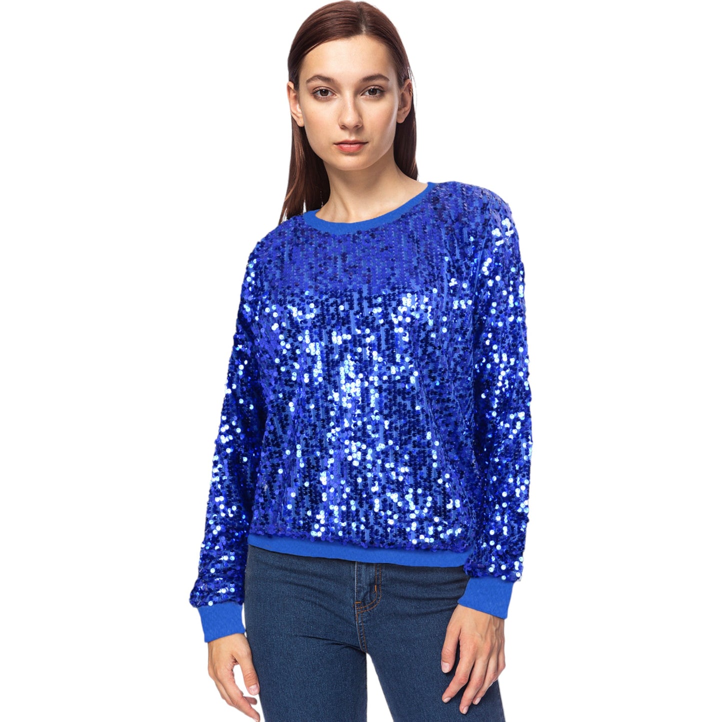 Sequin Sweatshirt Round Neck Long Sleeve Ribbed Cuffs Pullover