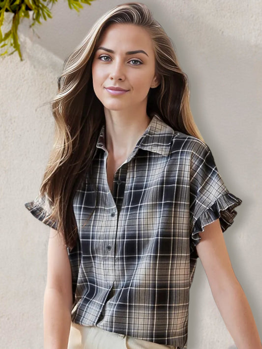 Anna-Kaci Women's Plaid Button-Down Shirt with Ruffle Cap Sleeves and Classic Collar