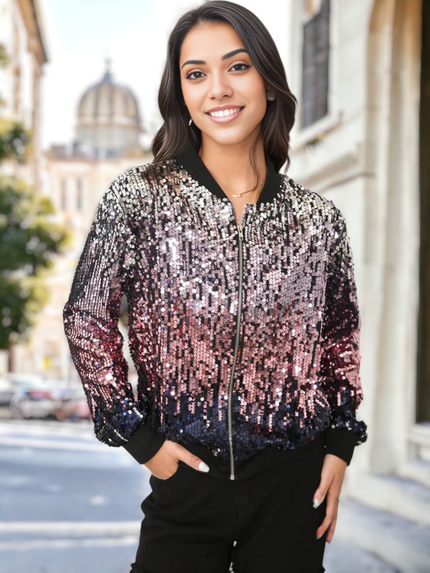 Sequin Ombre Sparkle Bomber Zip-Up Jacket