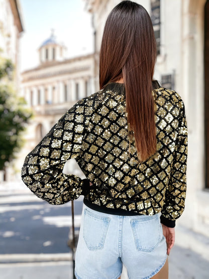 Sequin Unique Pattern Bomber Zip-Up Jacket