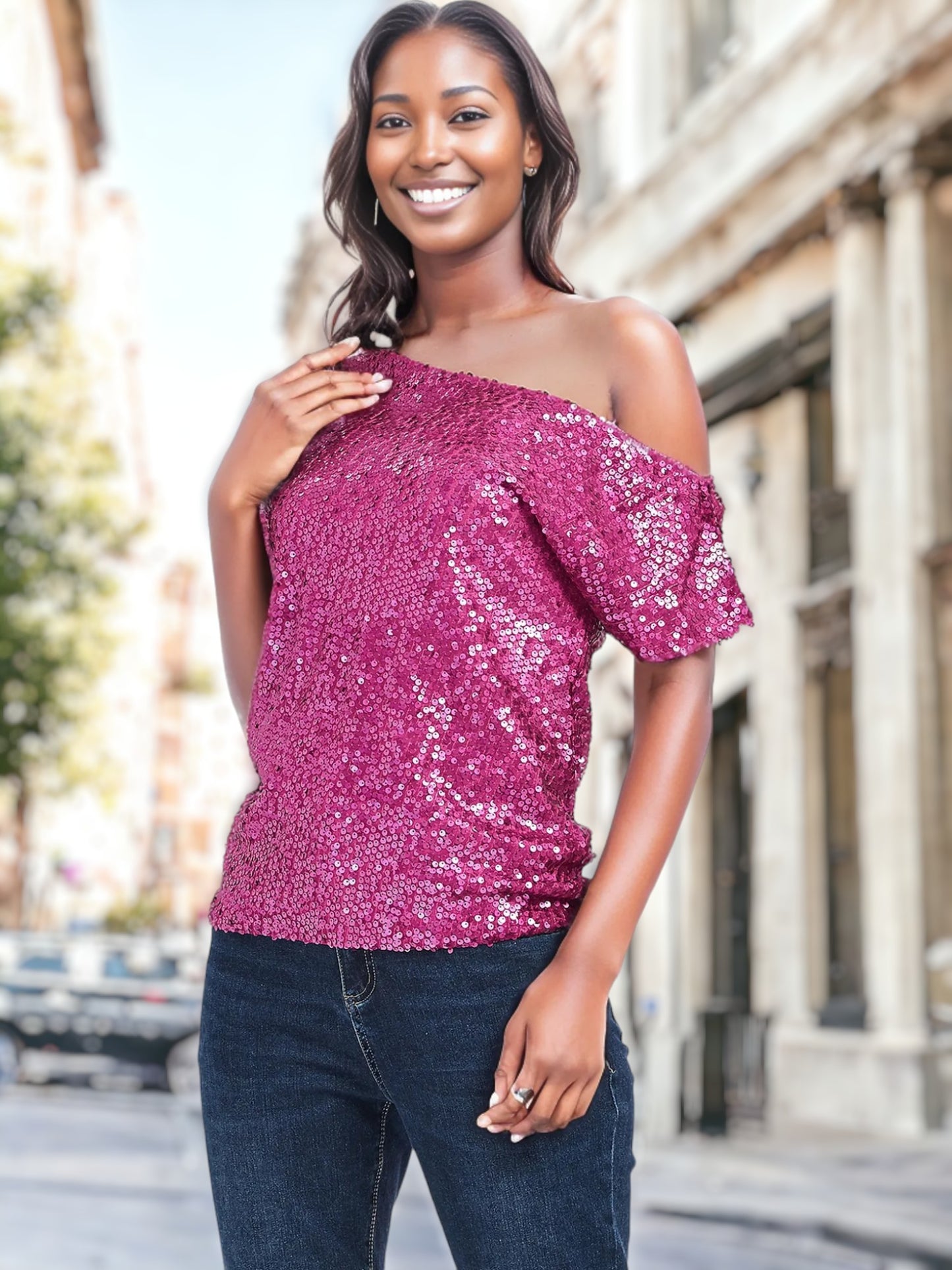 One Shoulder Cap Sleeve Sequin Top