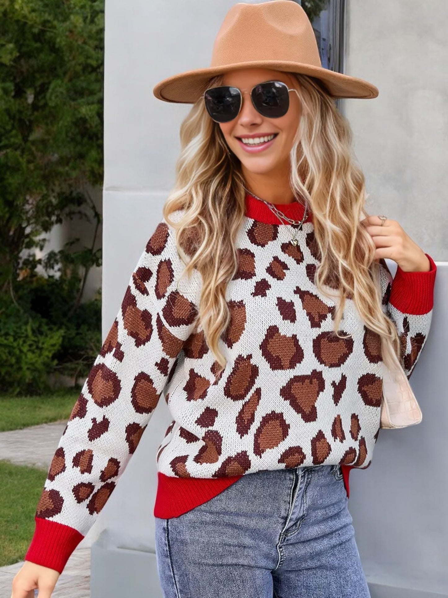 Anna-Kaci Women's Long Sleeve Leopard Print Knit Sweater with Contrast Trim