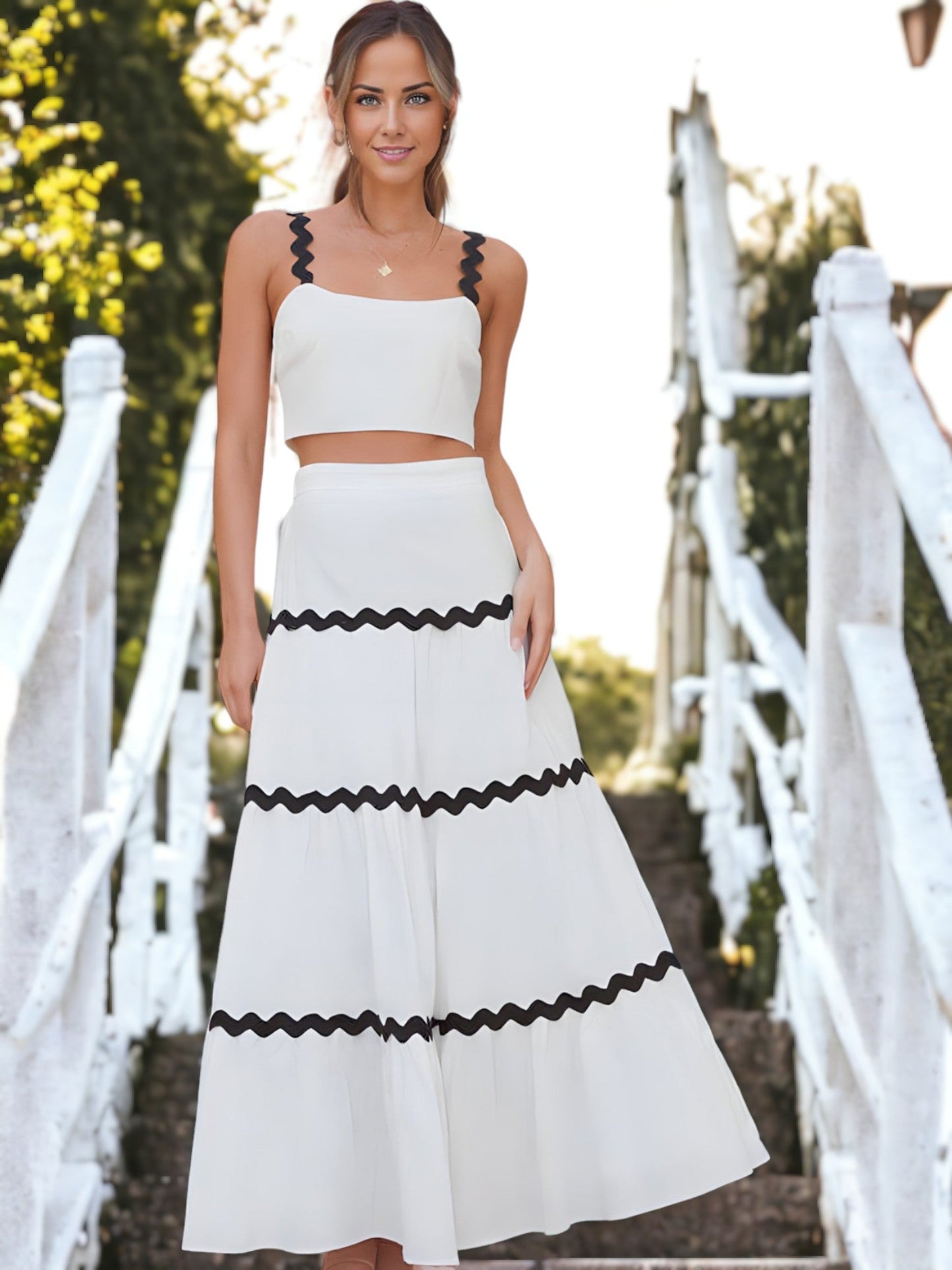 Two Piece Set Long Ruffle Skirt With Ripple Strapped Cropped Top