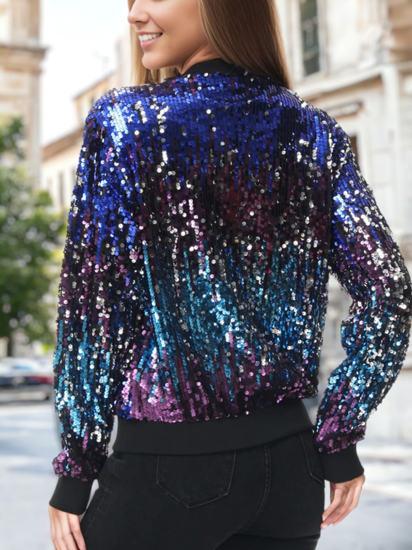 Sequin Ombre Sparkle Bomber Zip-Up Jacket