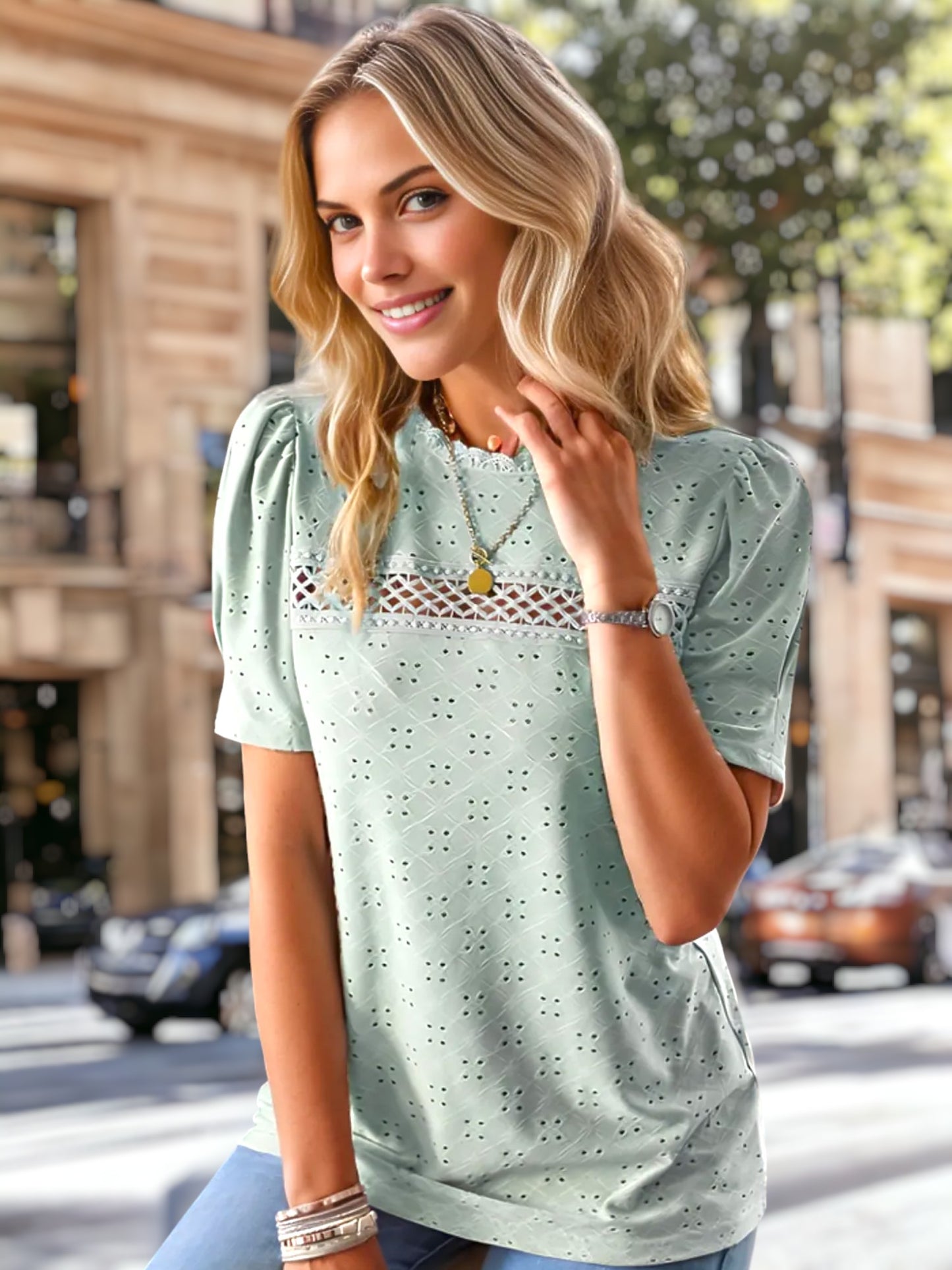 Crochet Detail Eyelet Blouse