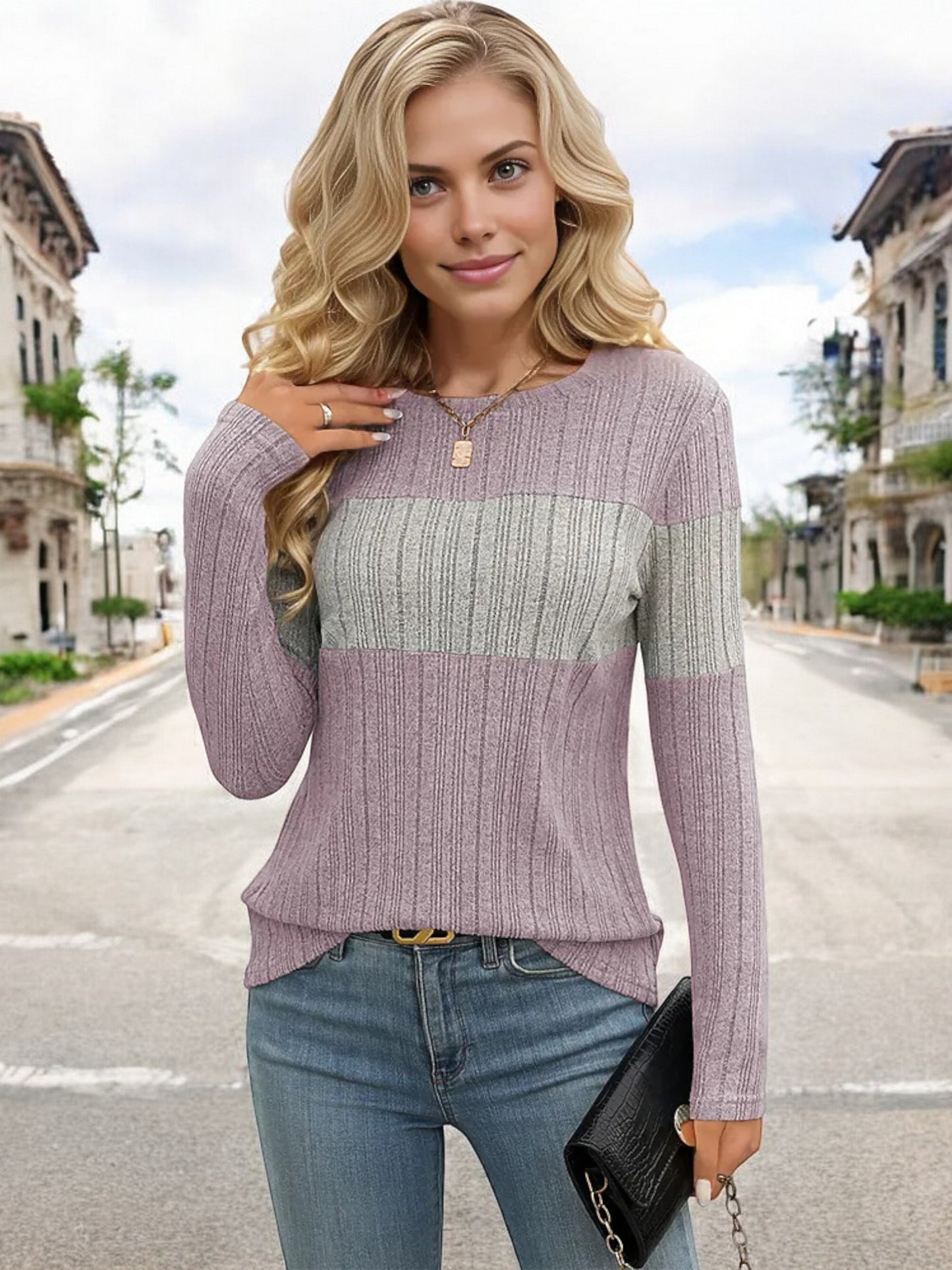 Anna-Kaci Women's Long Sleeve Color Block Knit Top with Crew Neck