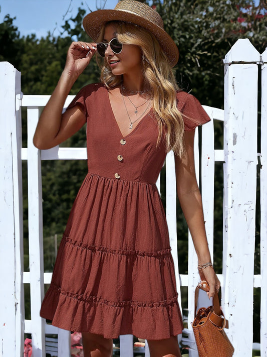 Flutter Sleeve Tiered Ruffle Dress