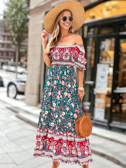 Vestido bohemio multicolor con hombros descubiertos