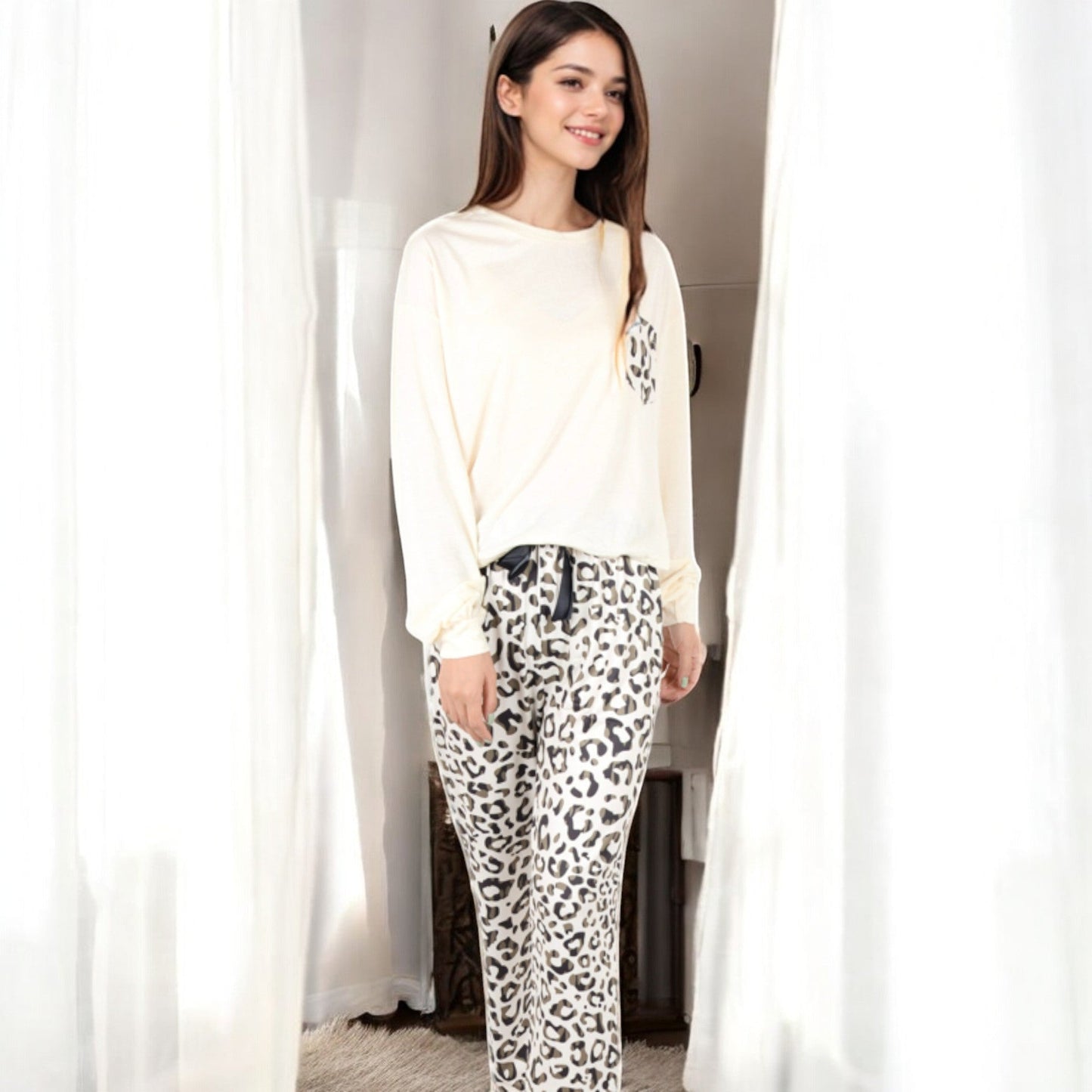 Anna-Kaci Women's Long Sleeve Pajama Set with Leopard Print Drawstring Pants and Chest Pocket