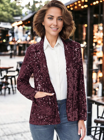 Glitter Long Sleeve Open Front Sparkle Party Blazer Jacket