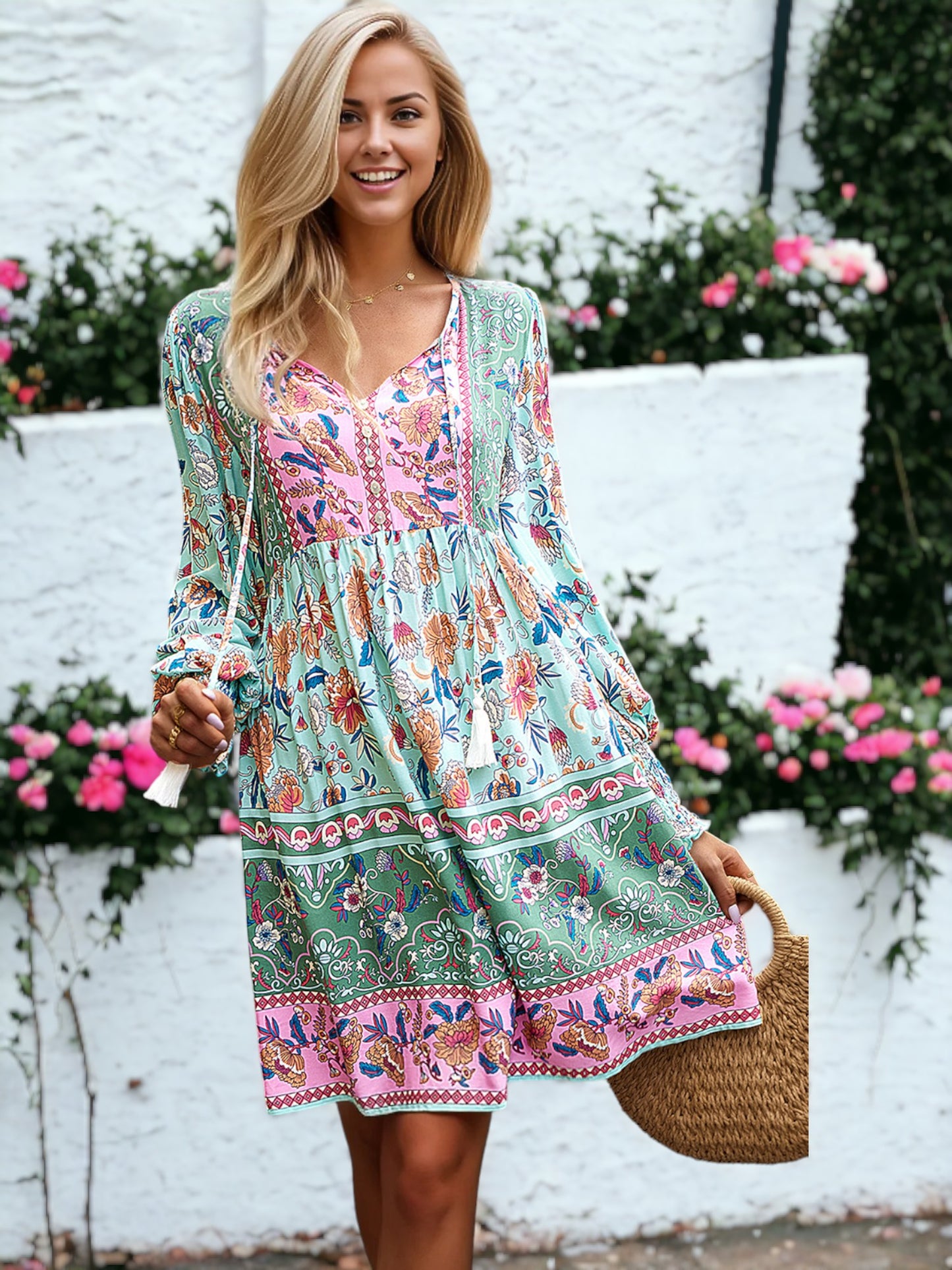 Vestido con estampado bohemio, cuello con lazo y borlas