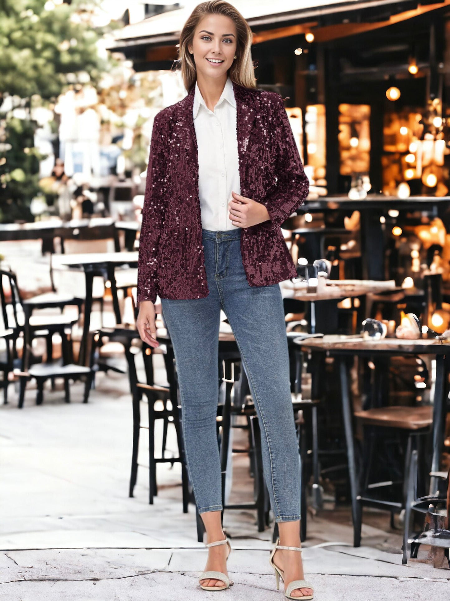 Glitter Long Sleeve Open Front Sparkle Party Blazer Jacket