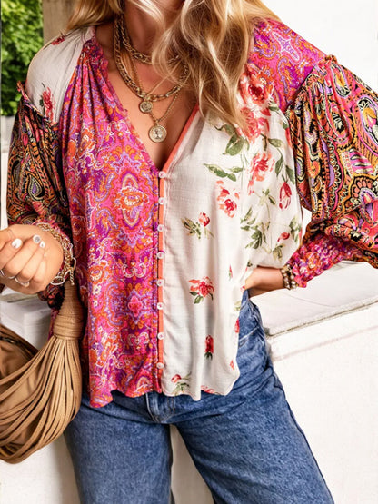 Anna-Kaci Women's Bohemian Patchwork V-Neck Long Sleeve Blouse with Mixed Floral and Paisley Print