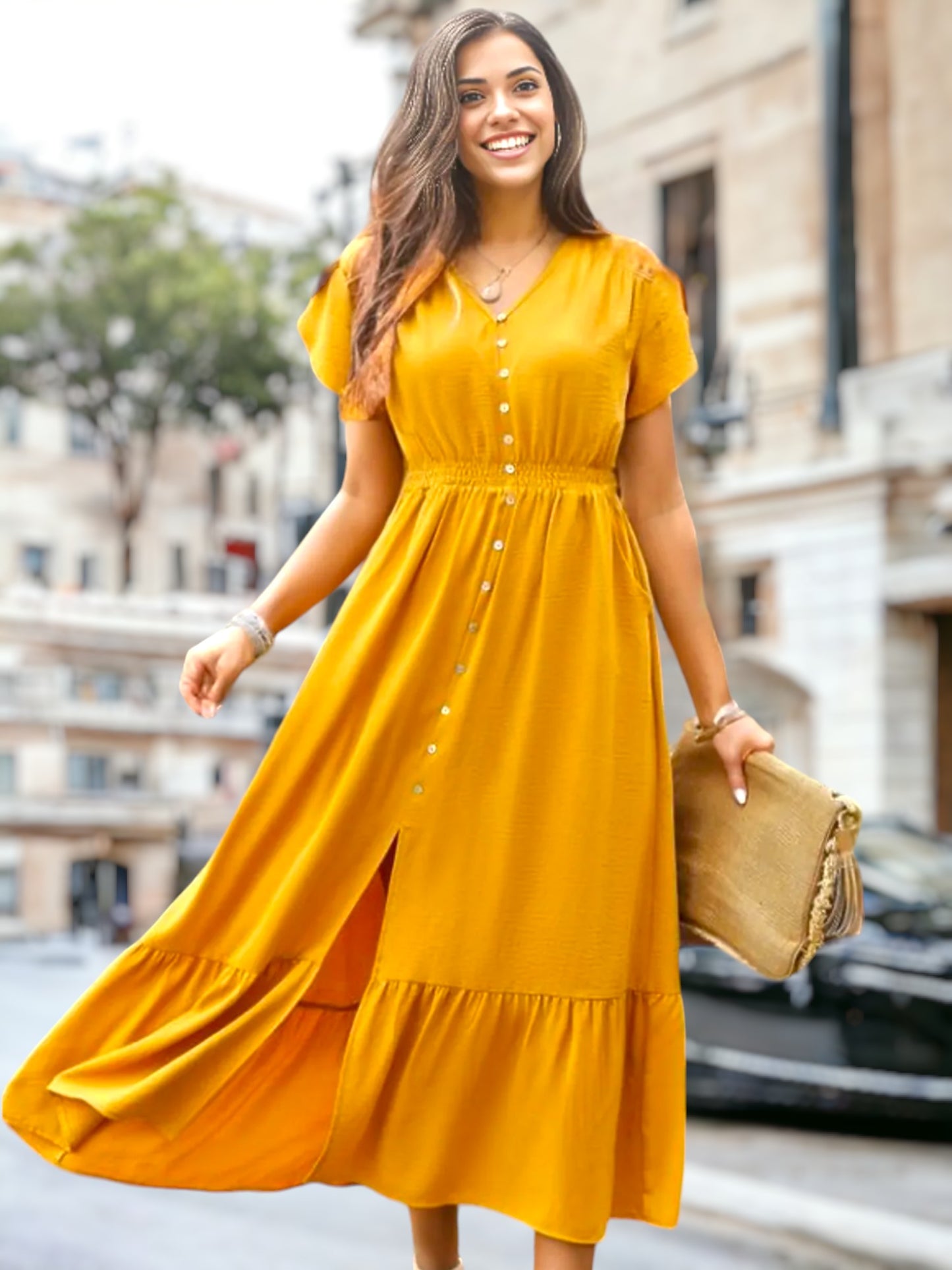 Vestido con dobladillo con volantes y mangas estilo tulipán 