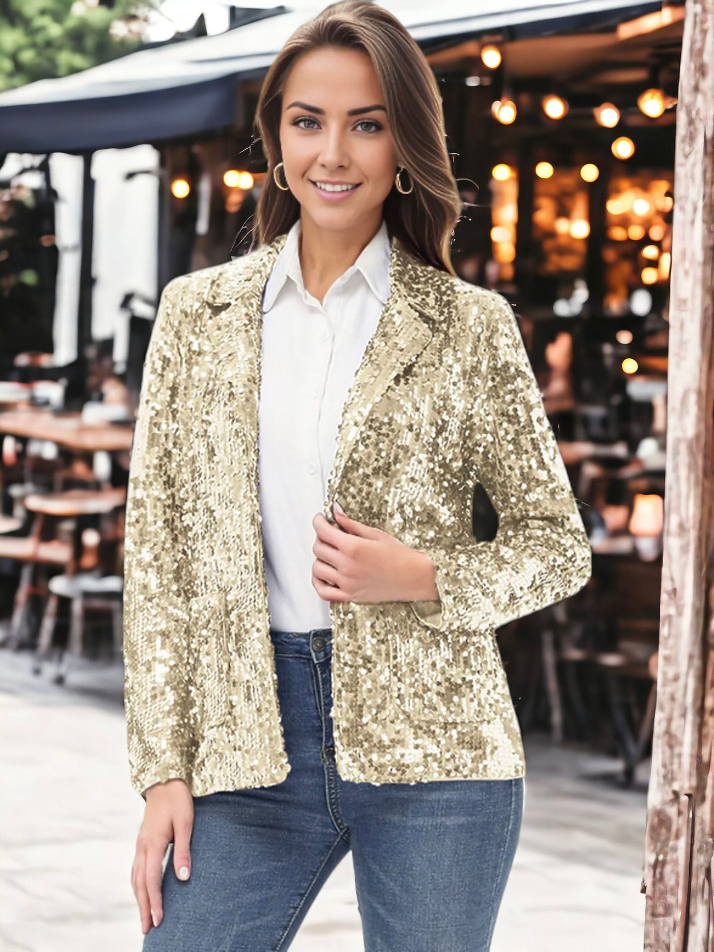 Glitter Long Sleeve Open Front Sparkle Party Blazer Jacket