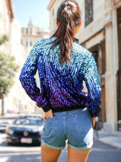 Sequin Ombre Sparkle Bomber Zip-Up Jacket