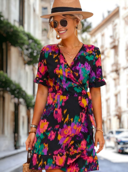 Abstract Print Ruffle Hem Dress