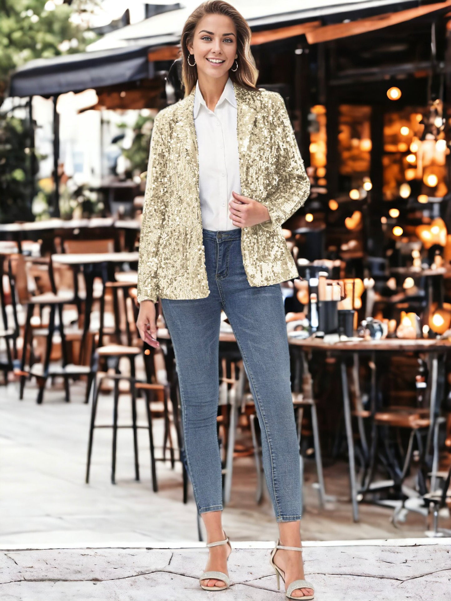 Glitter Long Sleeve Open Front Sparkle Party Blazer Jacket