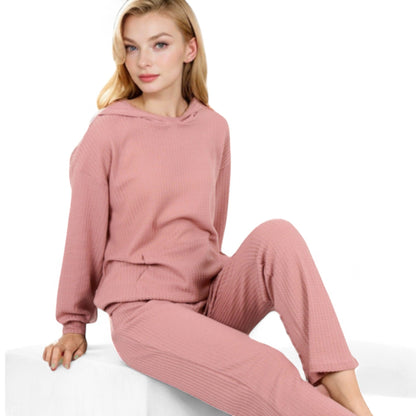 Anna-Kaci Women's Waffle Knit Hoodie Lounge Set with Front Pocket and Relaxed Fit Pants