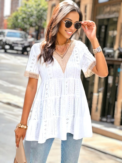 Crochet Trim Tiered Eyelet Top