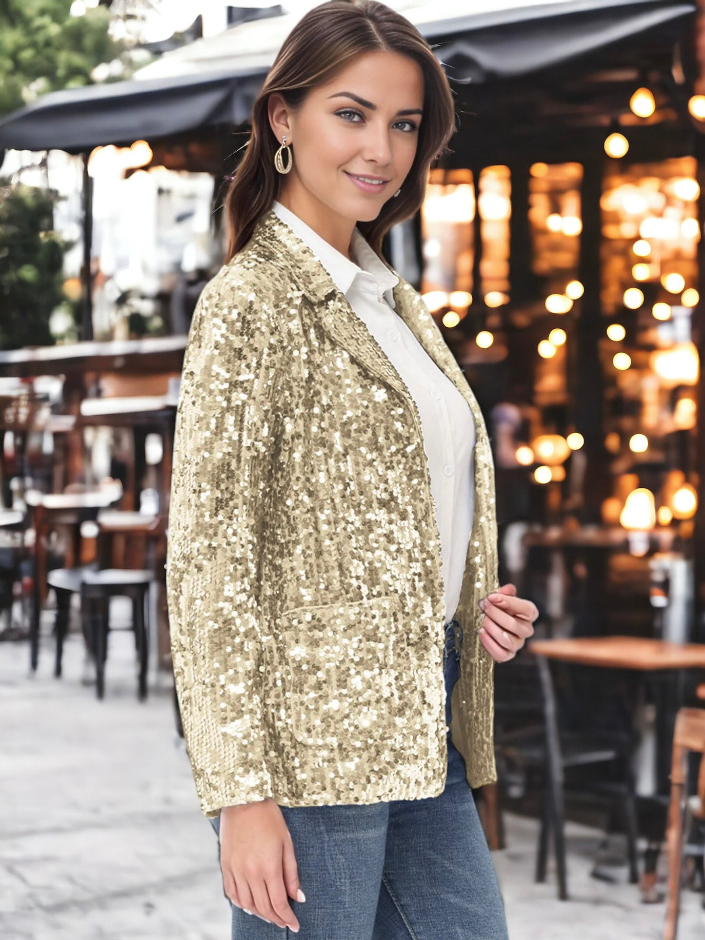 Glitter Long Sleeve Open Front Sparkle Party Blazer Jacket